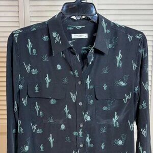 EQUIPMENT FEMME Slim Signature Cactus Print 100% Silk Black Green S $258 *RARE*